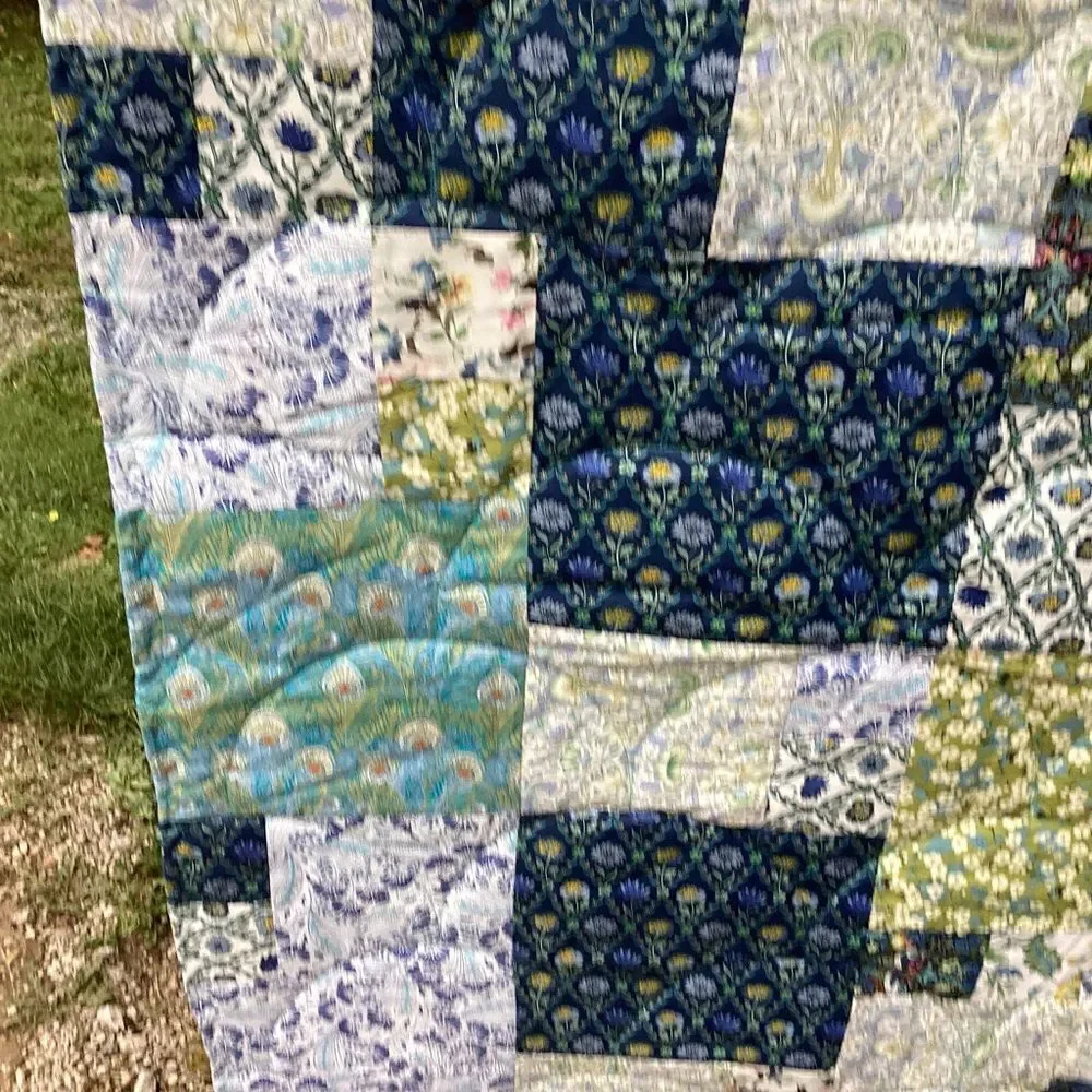 NWT. Hand Crafted Blues and Greens Gardens Quilt with Liberty Lawn Fabrics